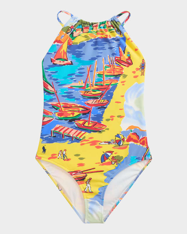 Girl's Italian Riviera-Print One-Piece Swimsuit, Size 7-14